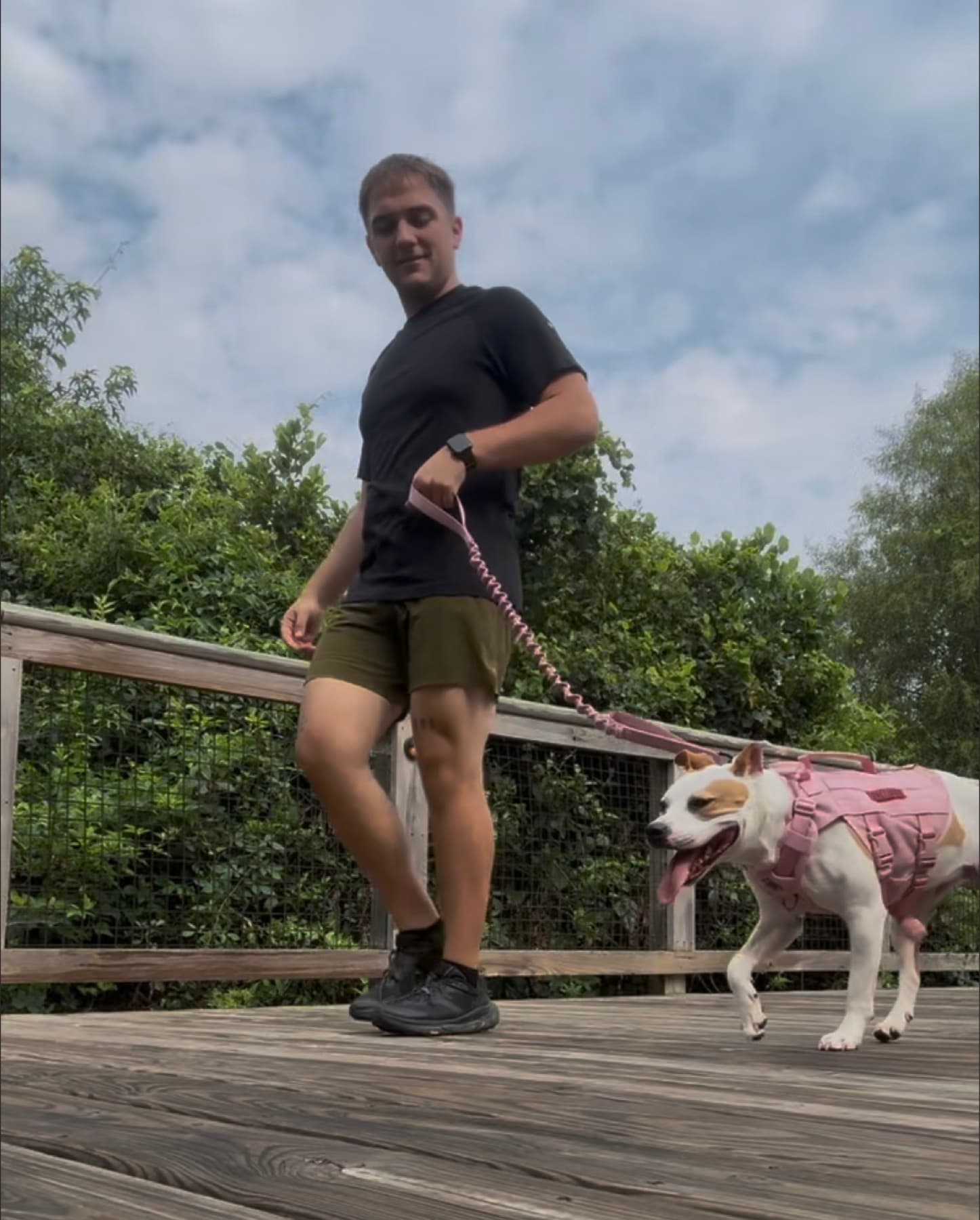 Sully walking Lylah across a wooden boardwalk